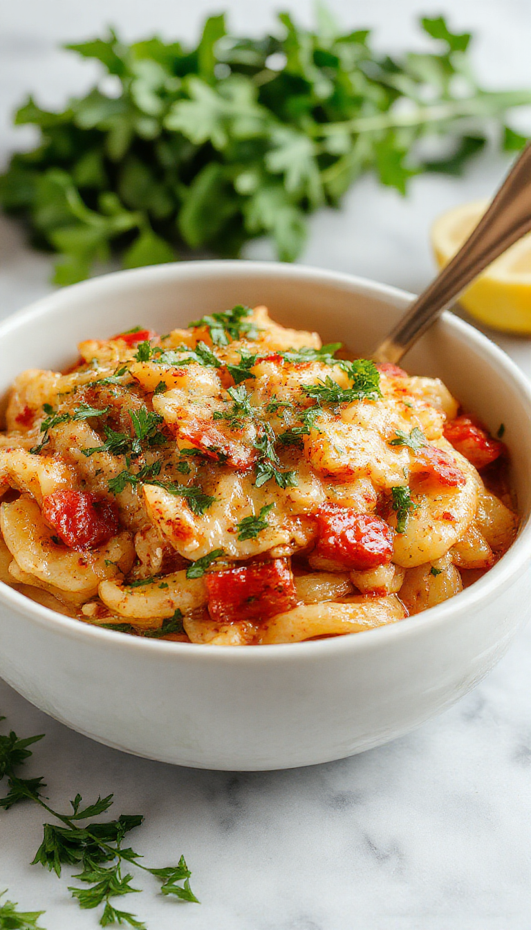 A vibrant plate of cooked orzo pasta garnished with fresh herbs and vegetables, served on a rustic wooden table.