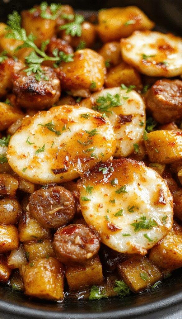 A delicious skillet dish featuring golden honey garlic sausage slices paired with sweet potato chunks, garnished with fresh herbs on a rustic plate.