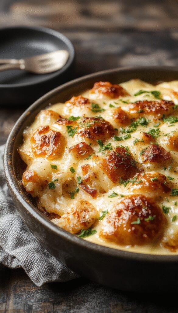 A hearty plate of Effortless Hobo Casserole featuring layers of seasoned ground beef, mixed vegetables, and melted cheese topped with fresh herbs.
