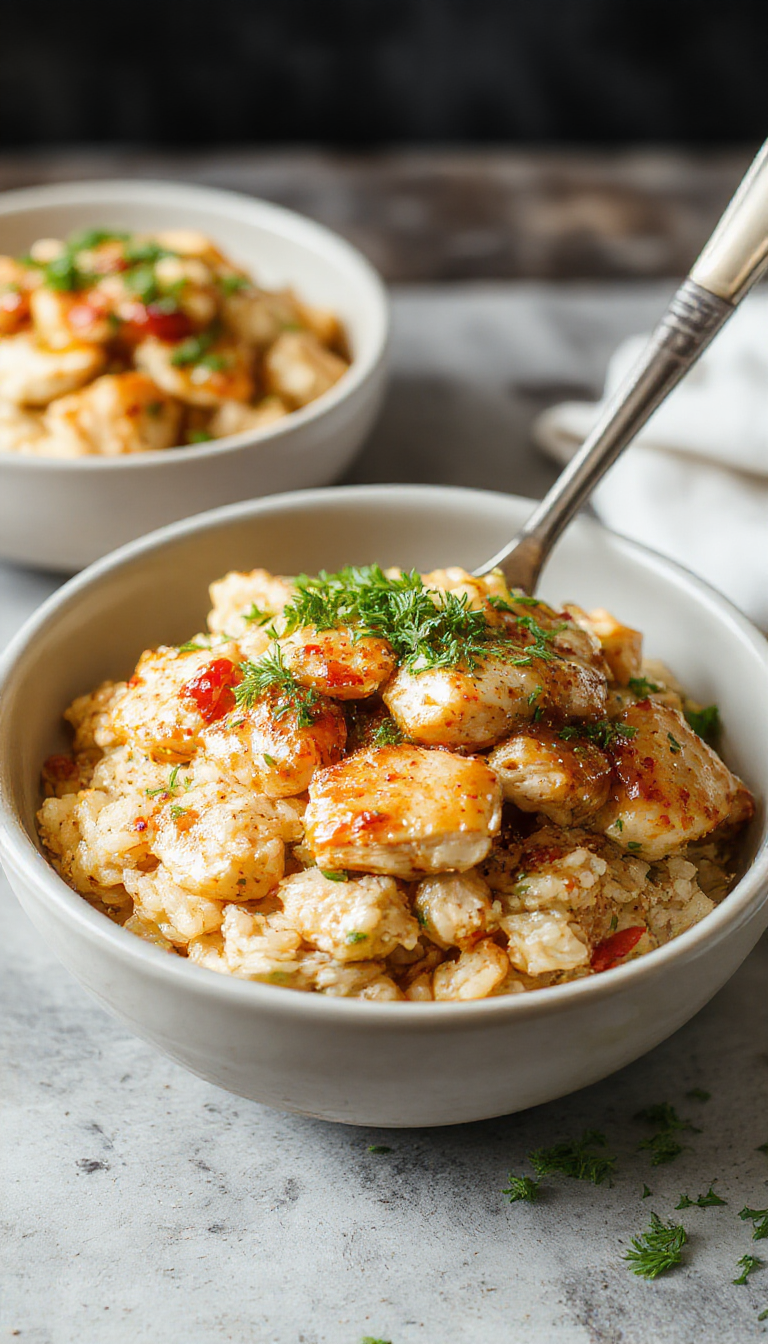 Juicy honey mustard chicken served over fluffy rice, garnished with fresh herbs on a dinner plate.