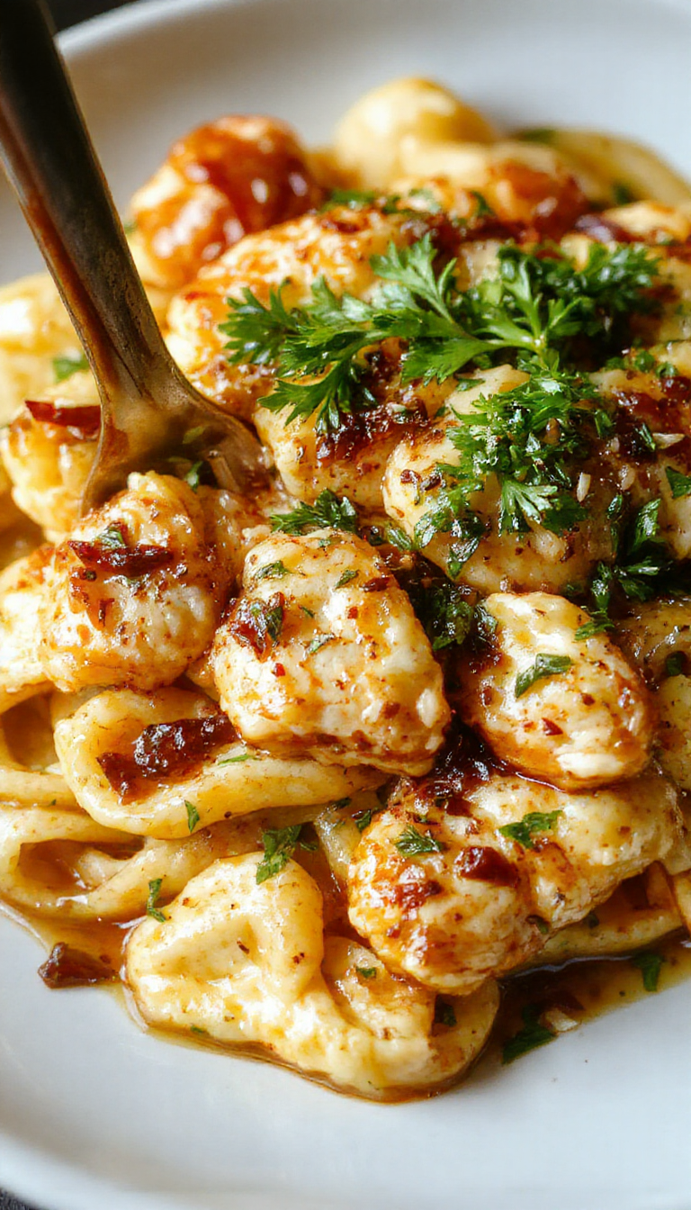 A plate of honey pepper chicken pasta garnished with fresh herbs, showing tender chicken slices coated in glossy honey-pepper sauce over al dente pasta.