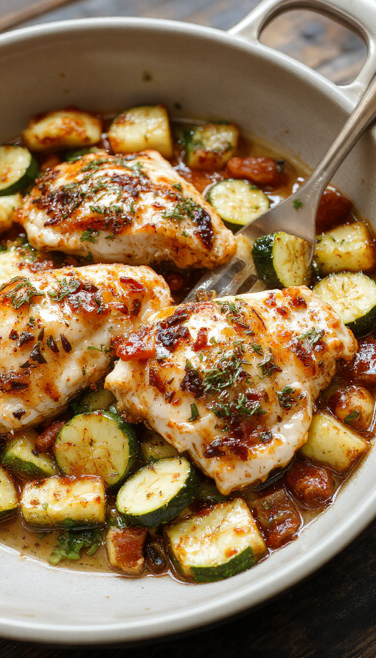 A colorful plate featuring Mediterranean chicken and zucchini cooked together in a single pan, garnished with fresh herbs and lemon slices.