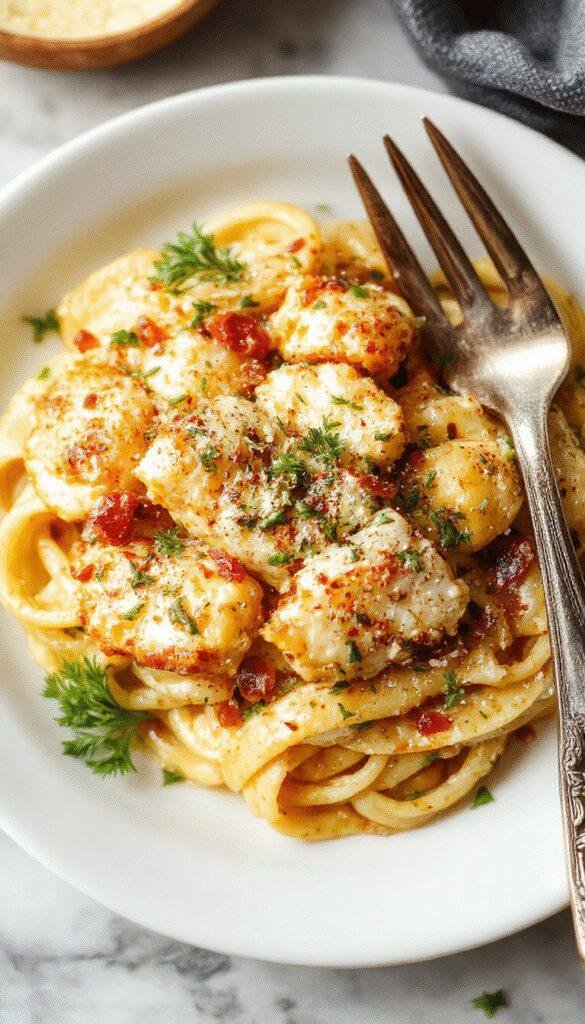 A plate of creamy Parmesan chicken pasta topped with fresh herbs and grated cheese, served on a rustic wooden table.