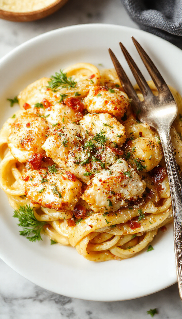 A plate of creamy Parmesan chicken pasta topped with fresh herbs and grated cheese, served on a rustic wooden table.