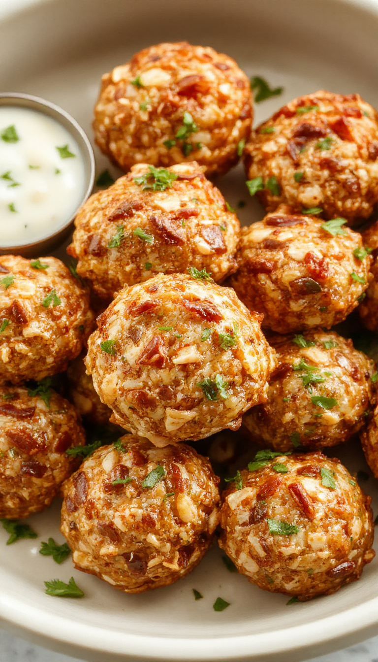 A close-up of golden protein bites arranged on a plate, with a scoop of yogurt and fresh berries in the background