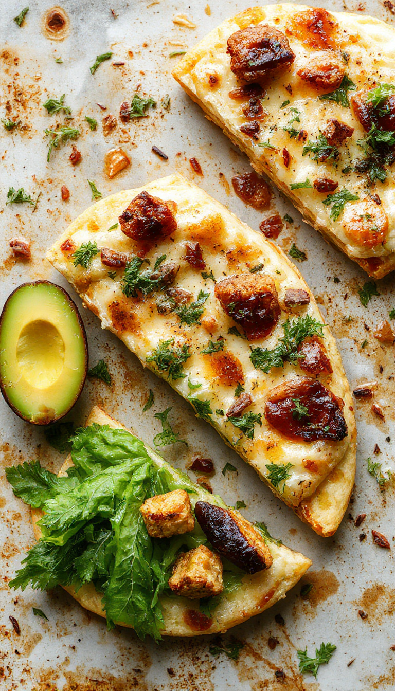A plate of golden, fluffy protein flatbreads topped with fresh vegetables and herbs, ready for a delicious meal.