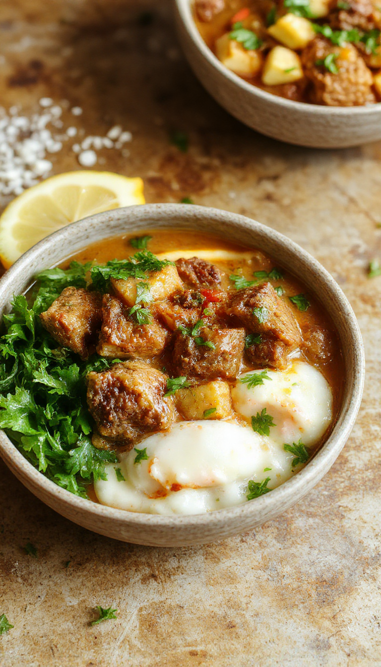 A steaming bowl of slow cooker beef coconut curry garnished with fresh herbs, surrounded by ingredients like coconut milk, beef chunks, and vegetables.