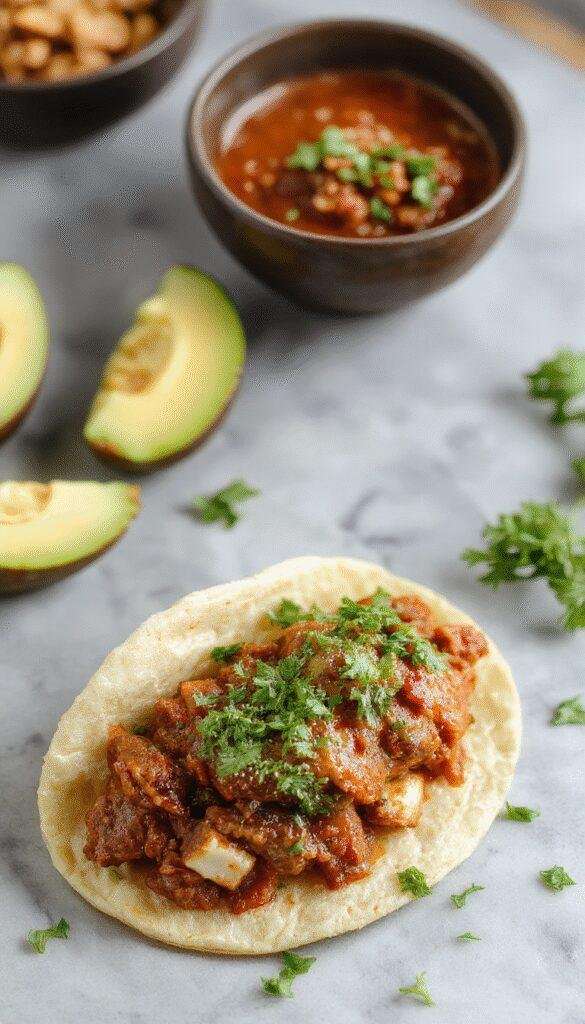 A vibrant plate of Fiery Zesty Beef Birria Tacos filled with juicy beef, garnished with fresh cilantro and chopped onions, served with a side of rich broth.