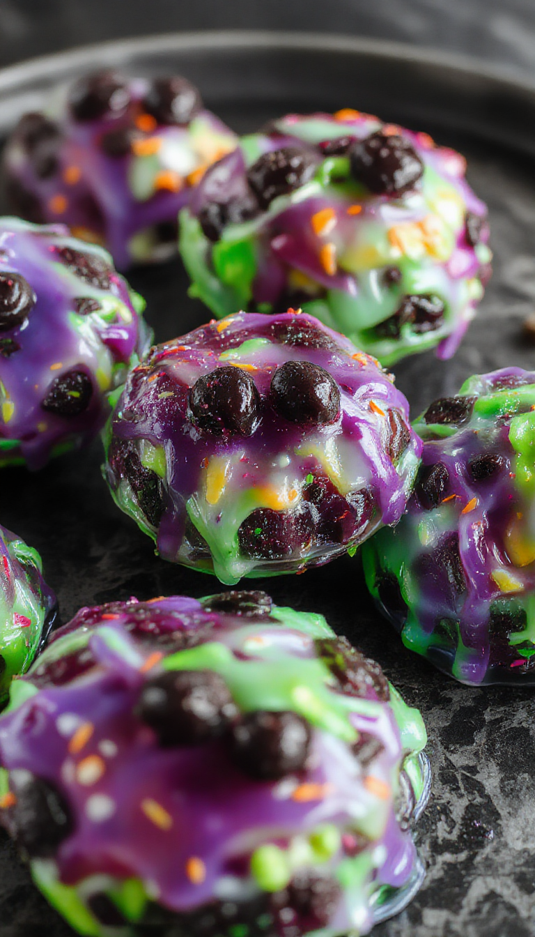 Colorful gelatin treats shaped like spooky ghouls and ghosts, glowing with vibrant glimmers for a fun Halloween party.