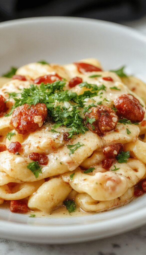 A plate of creamy protein pasta topped with fresh herbs and grated cheese, served in a bright, modern kitchen.