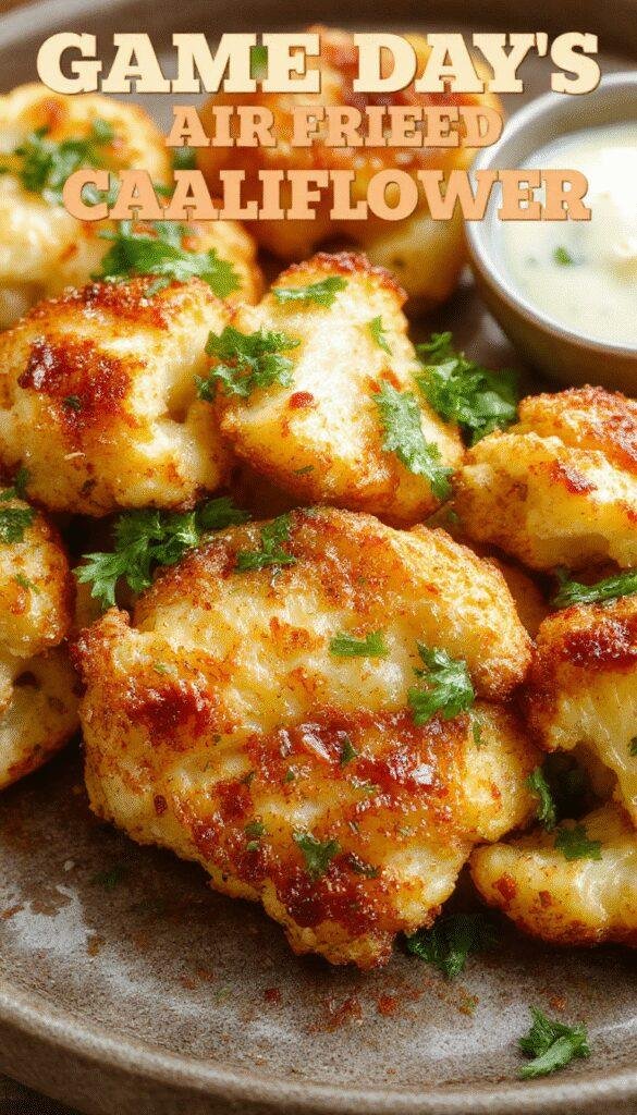 A bowl of golden crispy air-fried cauliflower florets garnished with fresh herbs and lemon wedges, ready for serving on game day.
