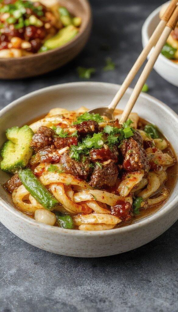 A steaming bowl of glazed beef noodles garnished with fresh green herbs and sesame seeds, served on a rustic wooden table.