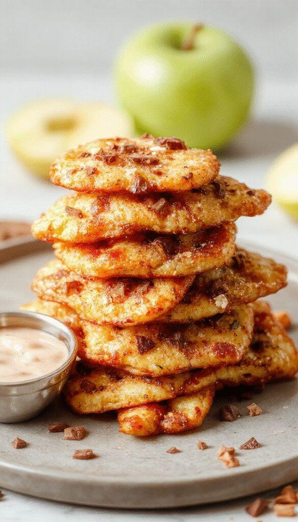 Golden air-fried apple fries served with cinnamon sugar in a rustic bowl, showcasing crispy texture and vibrant apple slices.