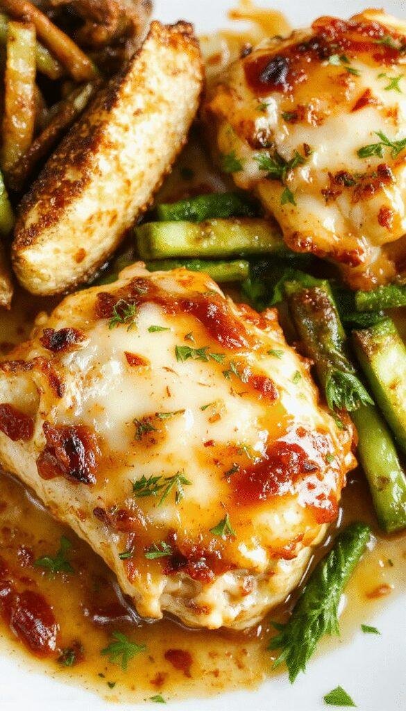 A golden-brown baked chicken parmesan topped with melted cheese and fresh basil, served on a plate with spaghetti and marinara sauce.