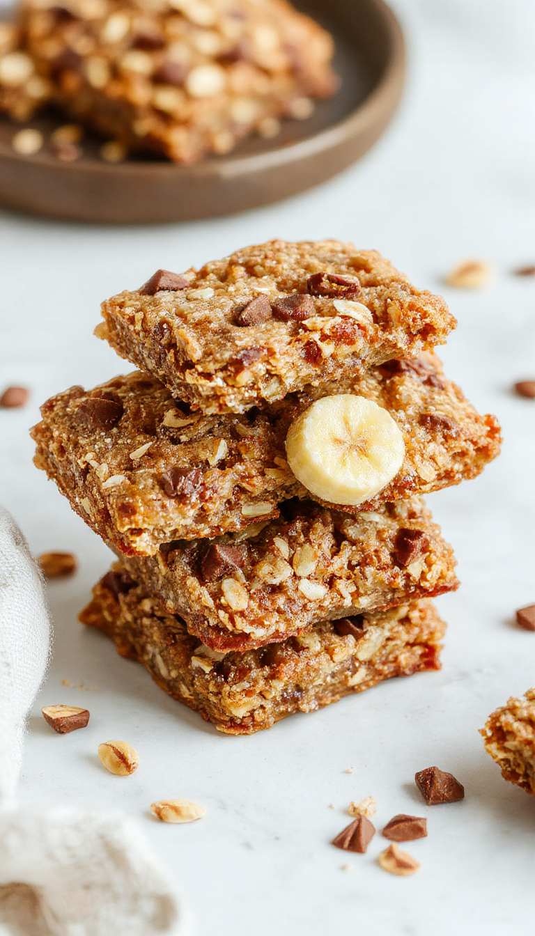 Golden Banana Oat Bars displayed on a rustic wooden platter with fresh bananas and oats scattered around, highlighting their wholesome texture.