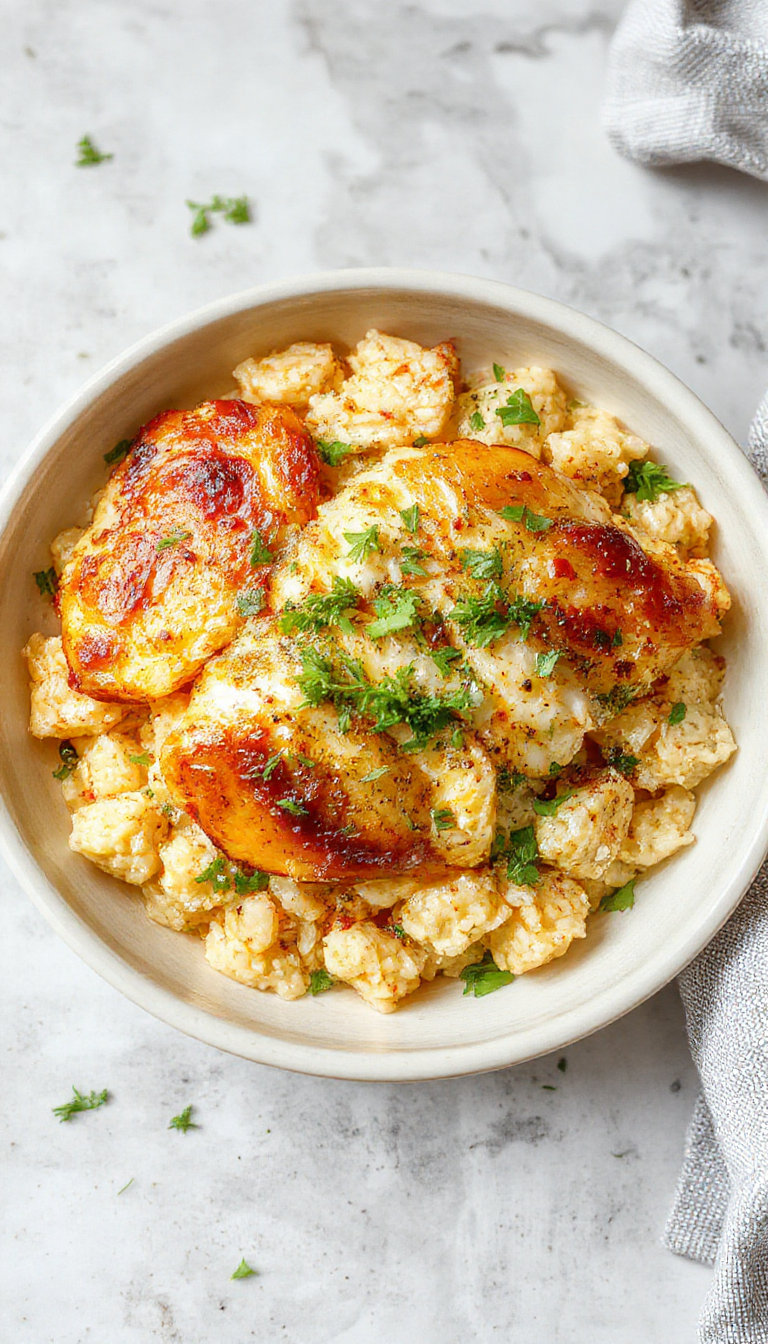 Golden chicken and rice served on a rustic plate, showcasing perfectly cooked tender chicken pieces atop fluffy rice with herbs and spices, all cooked in one pan.
