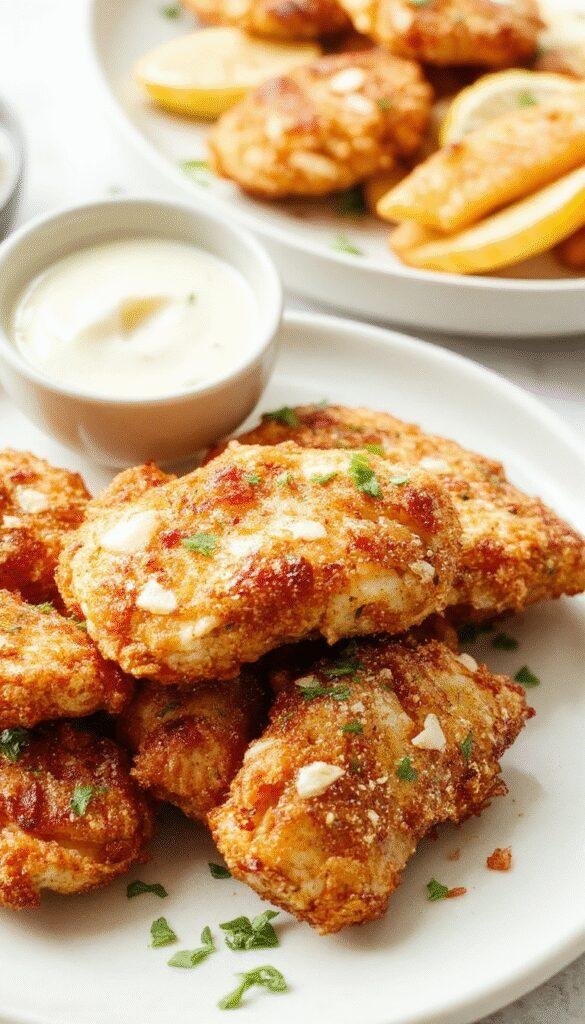 A plate of golden, crispy chicken tenders served with dipping sauces and fresh greens, showcasing the savory snack favorite.