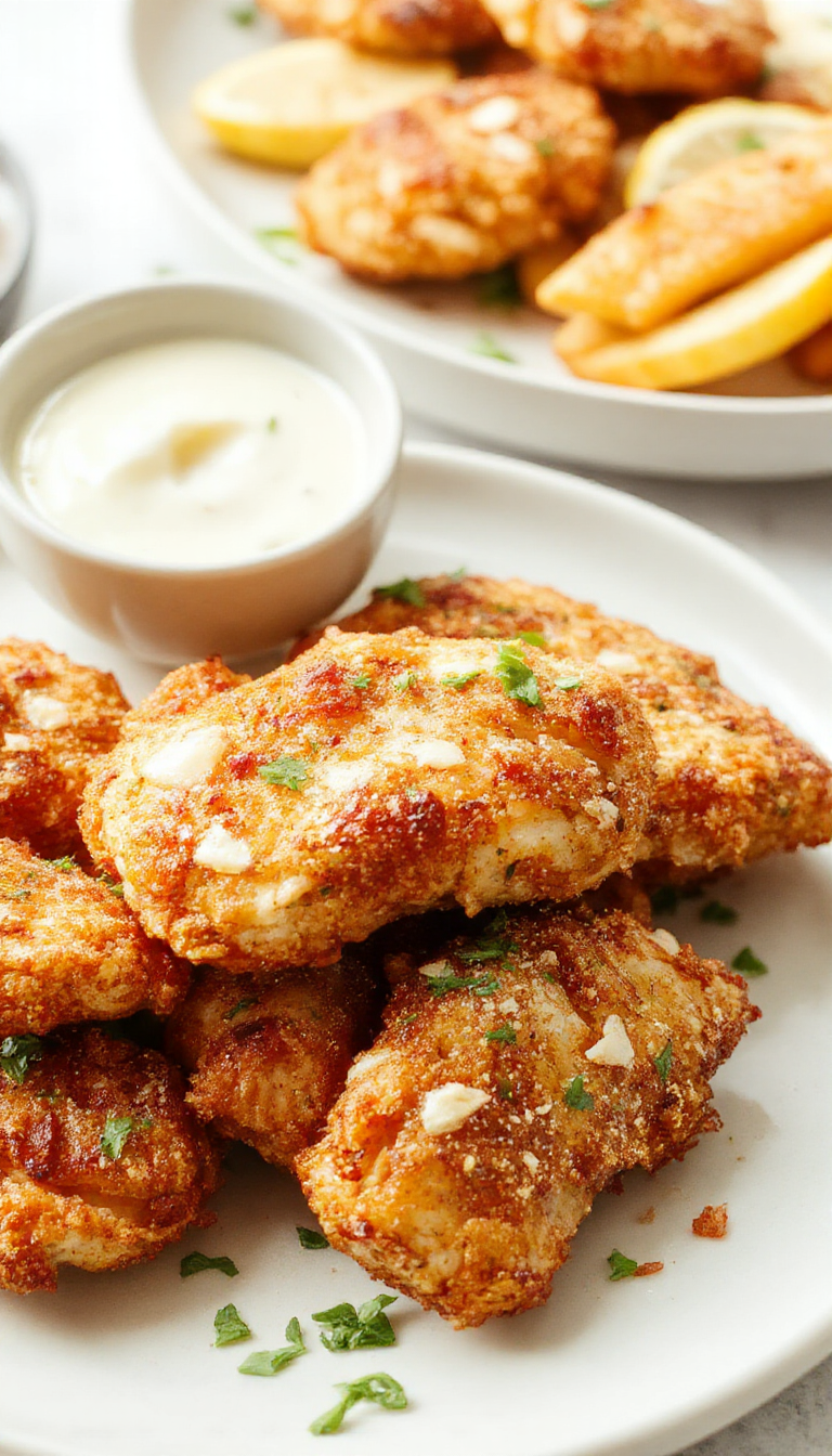 A plate of golden, crispy chicken tenders served with dipping sauces and fresh greens, showcasing the savory snack favorite.