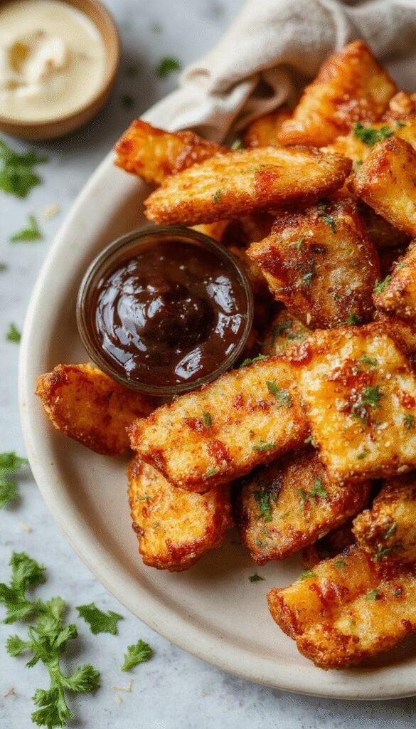 Golden crispy sweet potato fries arranged on a rustic plate, garnished with herbs and served with a side of dipping sauce.
