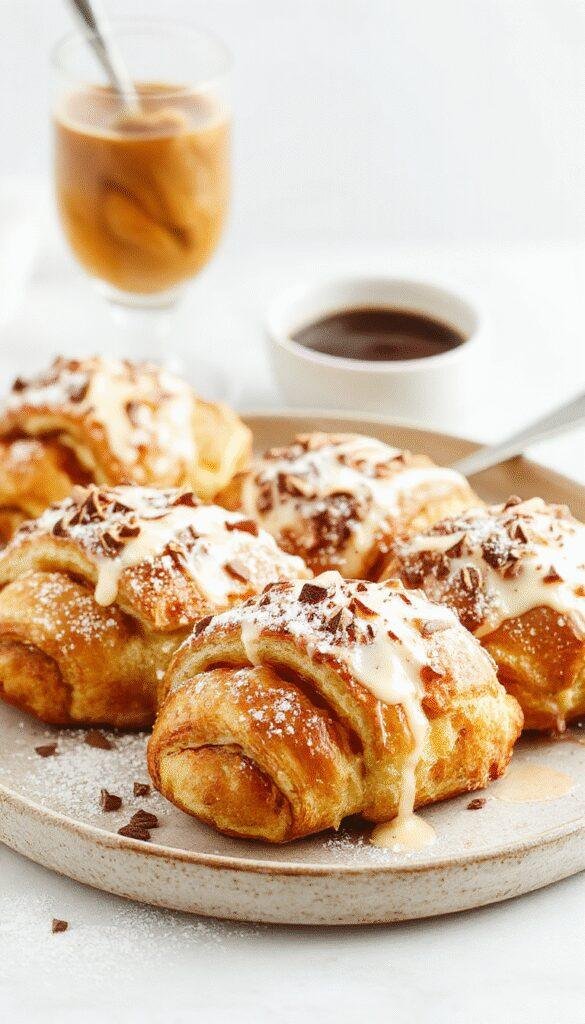 Golden croissants stacked on a rustic wooden table with a cup of coffee, showcasing their flaky, buttery layers.