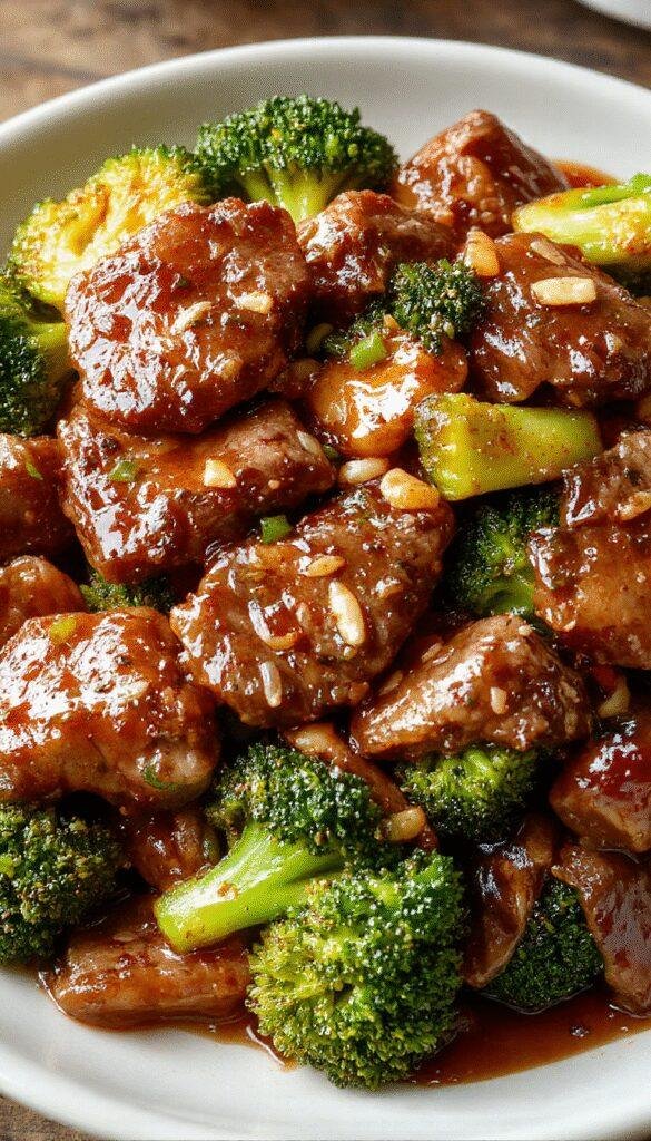 A vibrant plate of Golden Honey Garlic Beef and Broccoli stir-fry featuring tender beef strips, fresh broccoli florets, and a glossy honey garlic sauce, served over steamed rice.