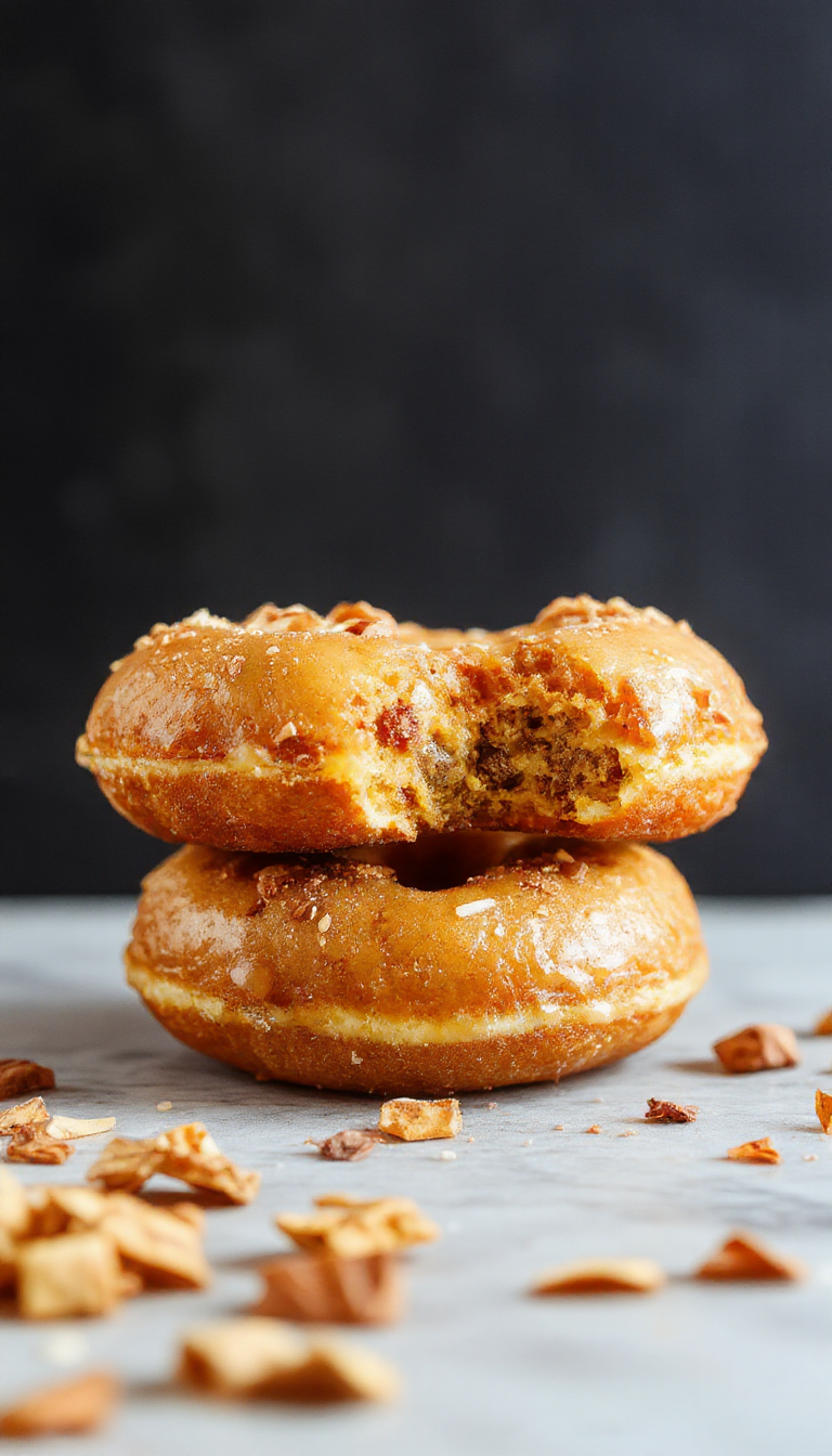 A batch of golden Maple Pumpkin Donuts topped with a drizzle of maple glaze, surrounded by autumn leaves and spices, showcasing a warm fall treat.