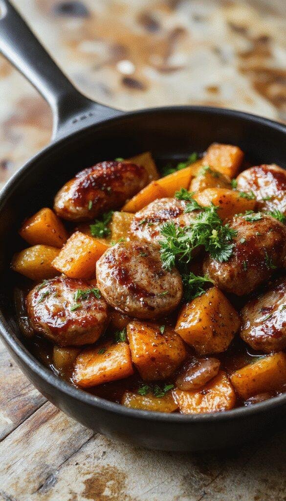 A golden skillet featuring sizzling honey garlic sausage links paired with roasted sweet potatoes, garnished with fresh herbs.
