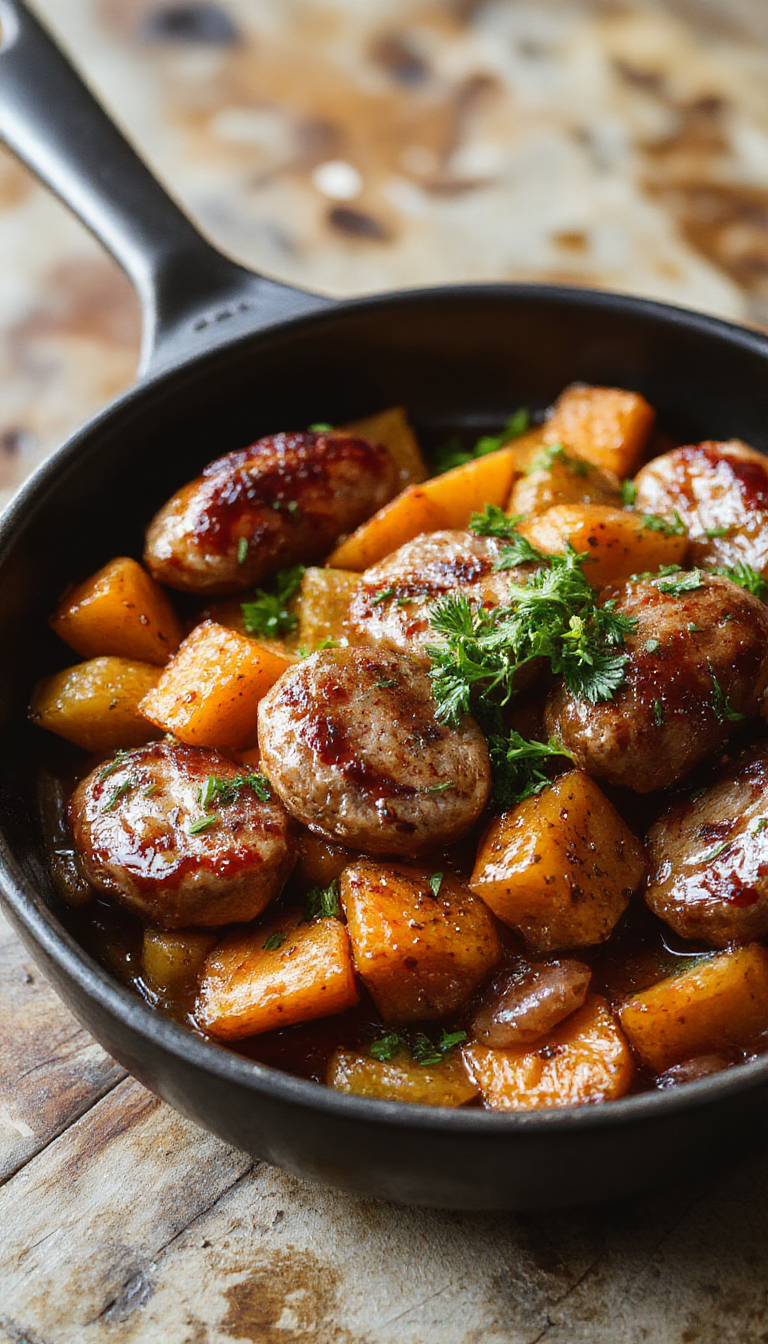 A golden skillet featuring sizzling honey garlic sausage links paired with roasted sweet potatoes, garnished with fresh herbs.