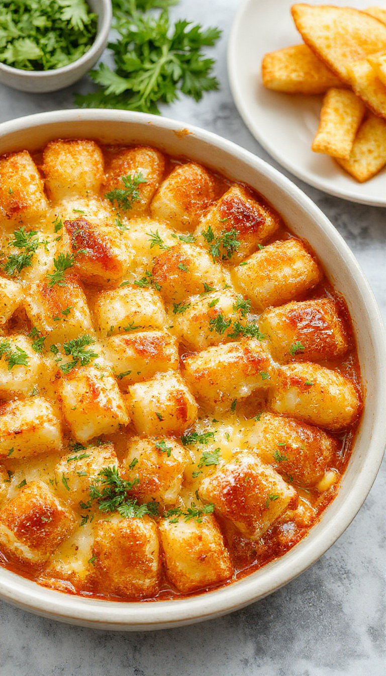 A golden, crispy Tater Tot bake in a baking dish topped with melted cheese and garnished with fresh herbs.