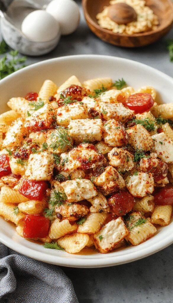 Colorful Greek Chicken Pasta Salad in a bowl with diced chicken, cherry tomatoes, cucumbers, red onion, and feta cheese garnished with herbs.