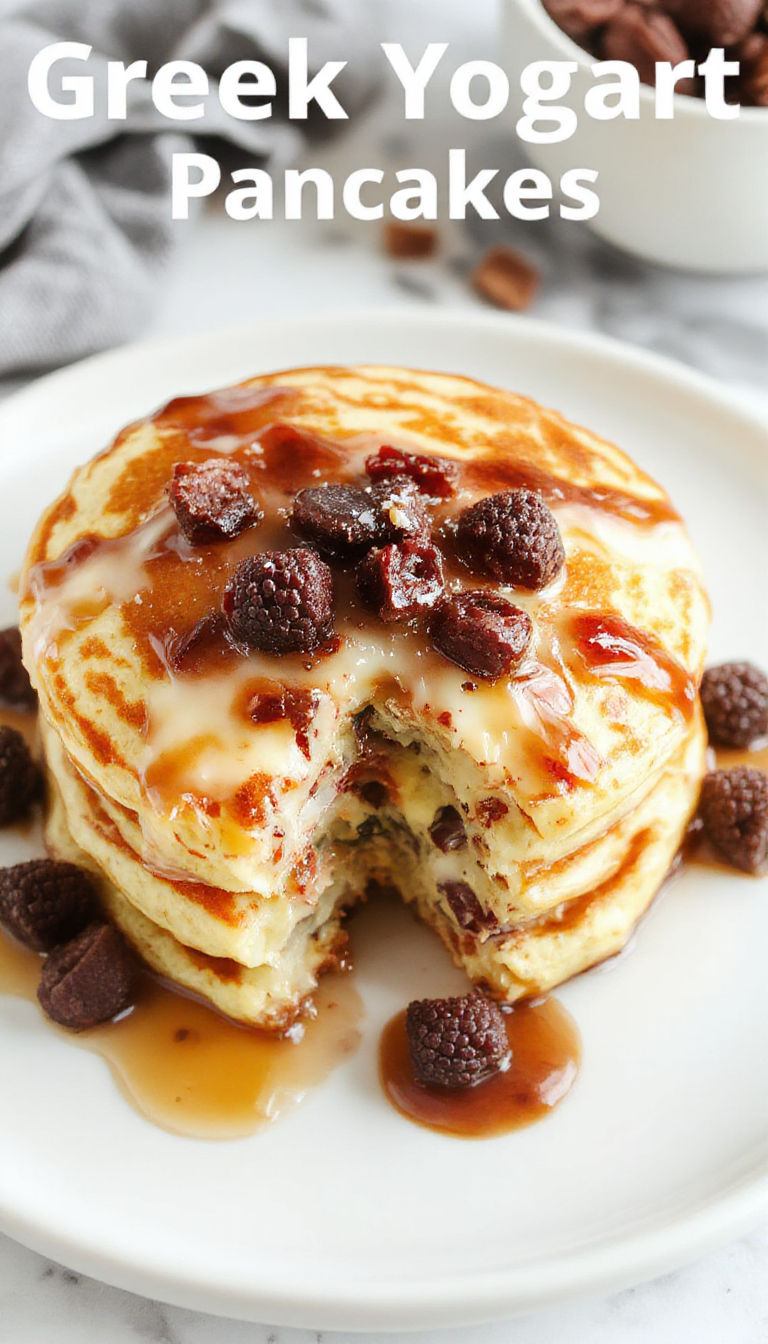 A stack of fluffy Greek yogurt pancakes topped with fresh berries and a drizzle of maple syrup on a white plate.