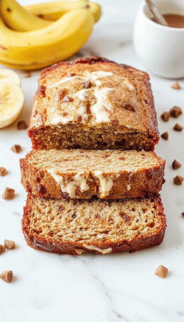 A slice of Greek Yogurt Protein Banana Bread on a wooden plate garnished with banana slices and nuts.