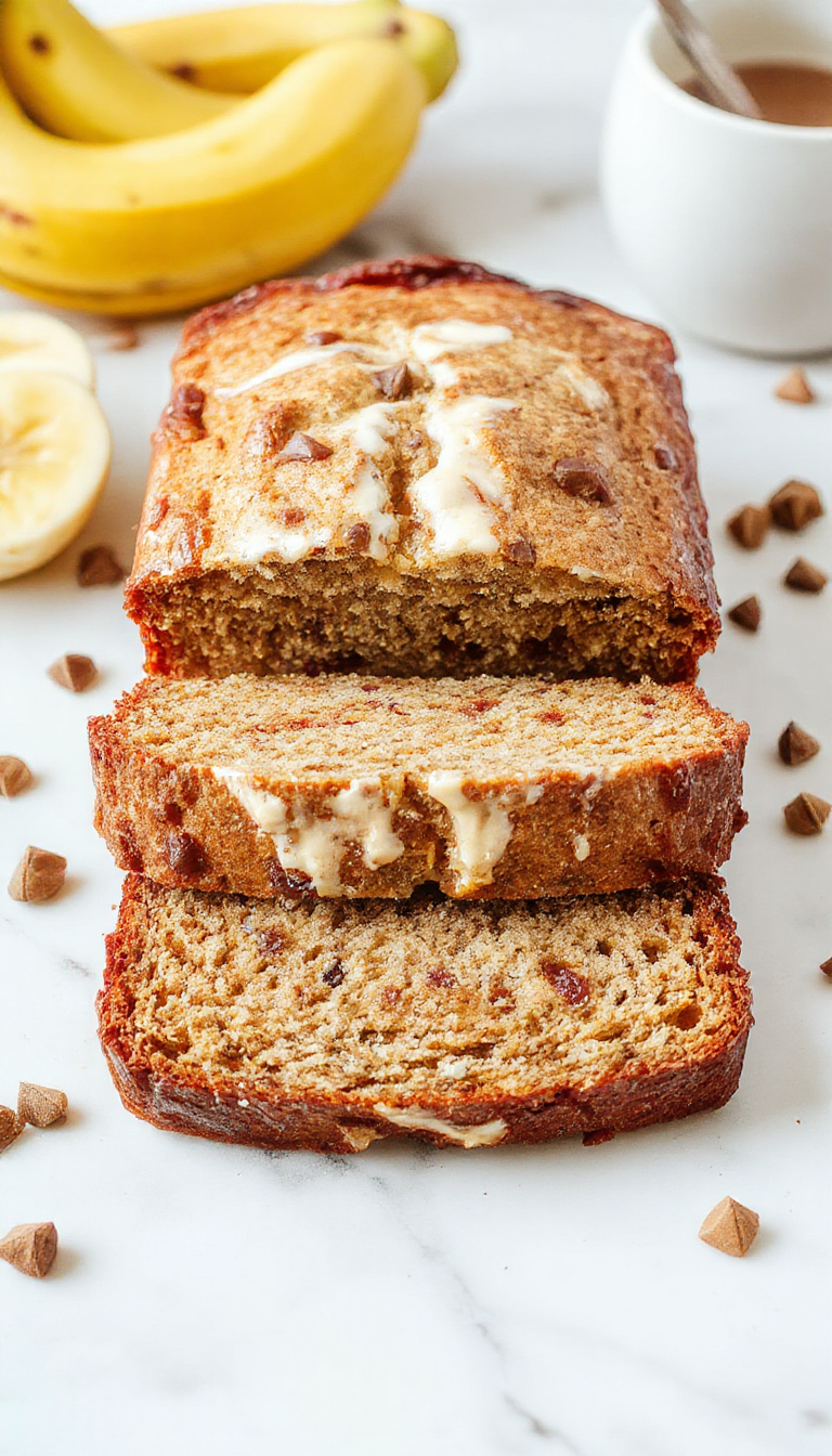 A slice of Greek Yogurt Protein Banana Bread on a wooden plate garnished with banana slices and nuts.