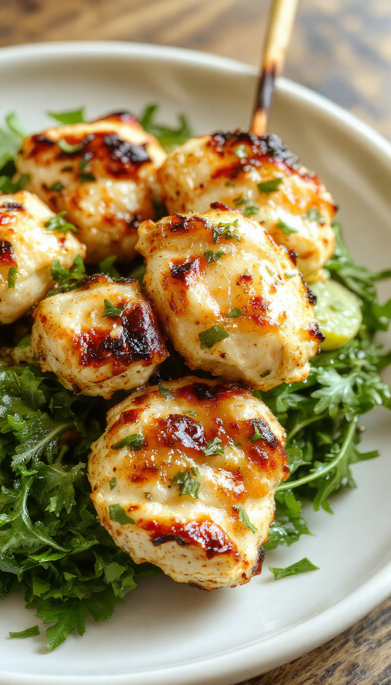 Colorful grilled garlic Parmesan chicken skewers garnished with fresh herbs on a rustic wooden platter