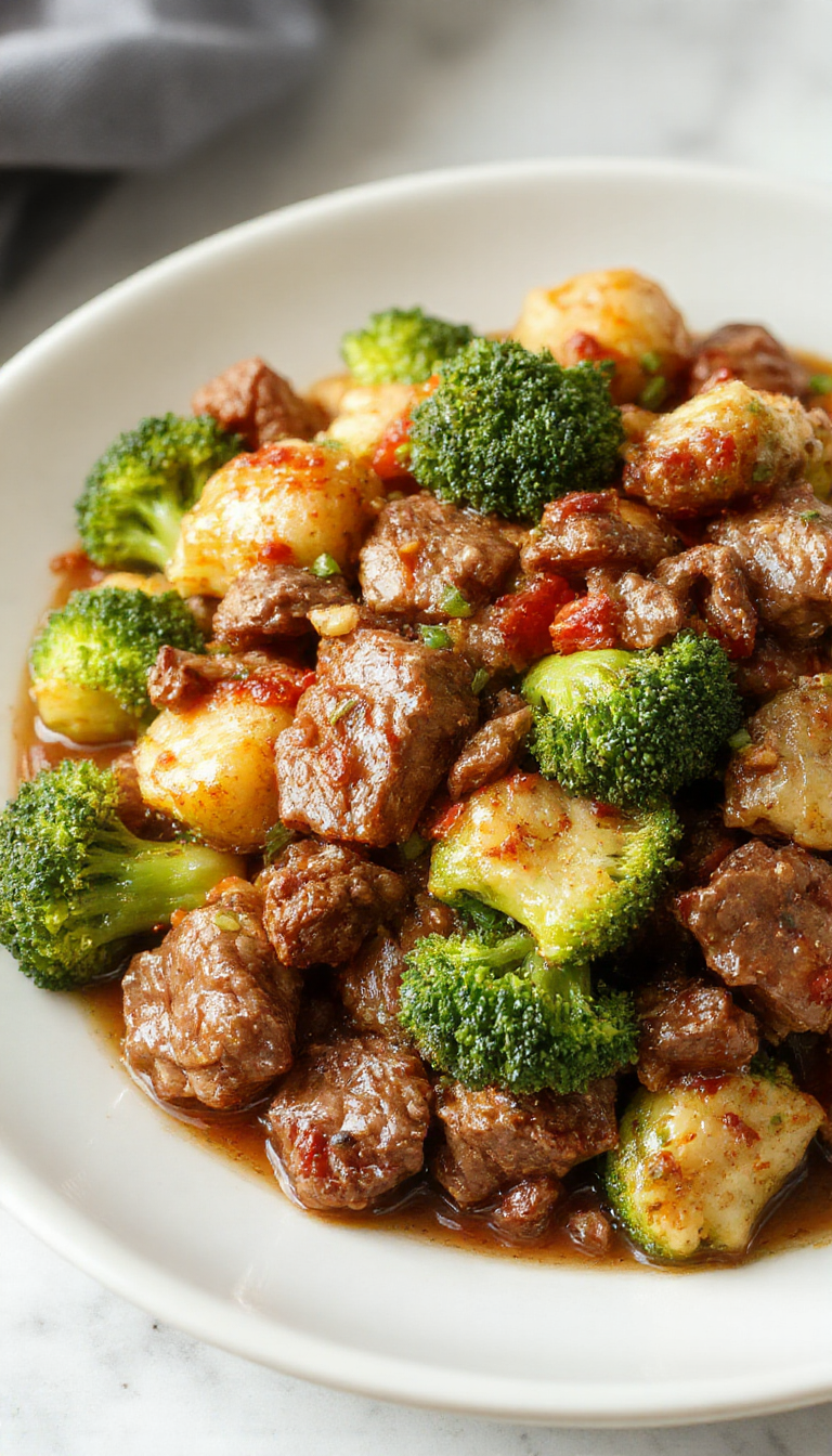 A delicious plate of ground beef and broccoli stir-fry garnished with sesame seeds on a white dish.