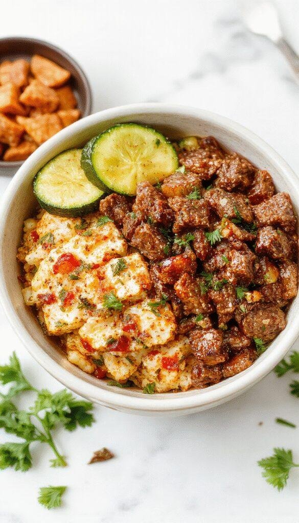 A colorful ground beef and zucchini rice bowl topped with fresh herbs and a drizzle of sauce, served in a white bowl on a wooden table.