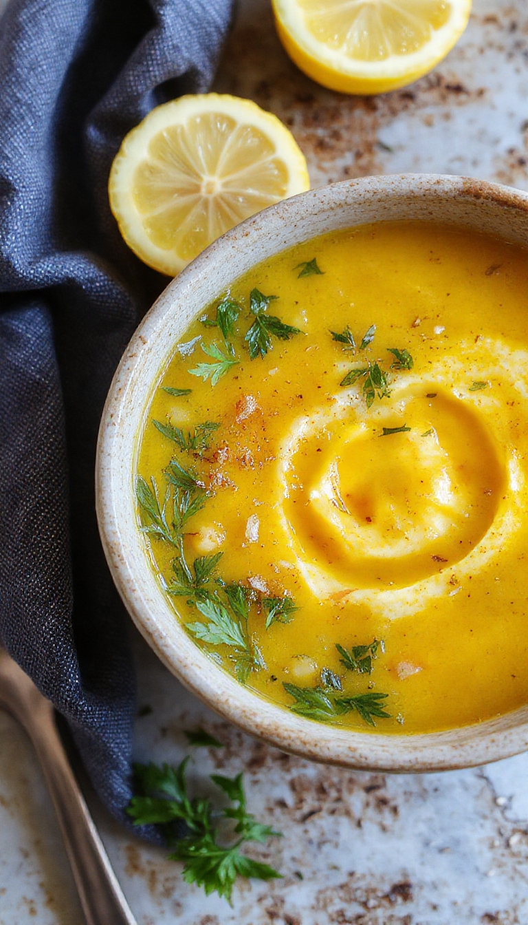 A bowl of vibrant yellow Lemon Lentil Turmeric Soup garnished with fresh herbs and lemon wedges, served on a rustic wooden table.