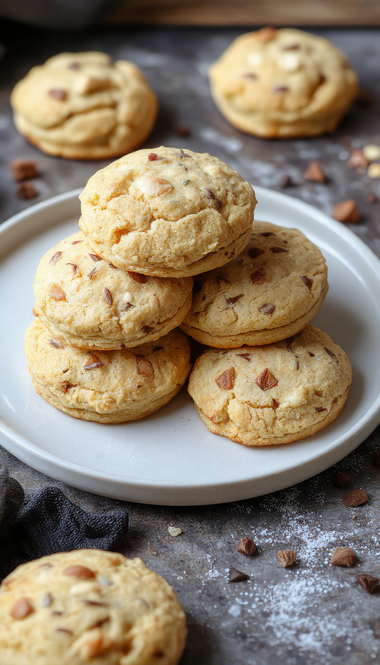 Golden, fluffy high-protein biscuits stacked on a rustic wooden table with fresh herbs and butter.