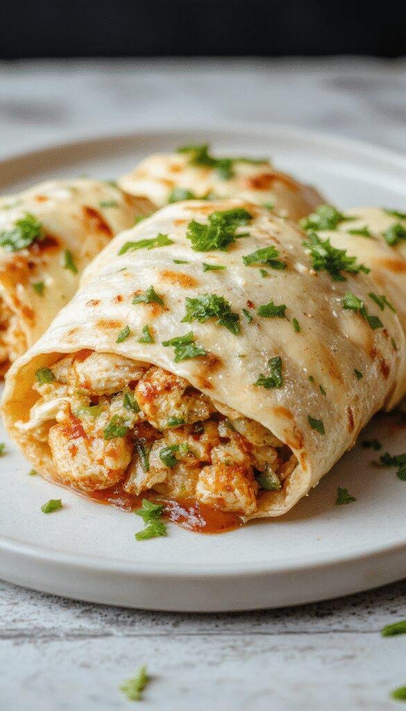 A close-up of homemade chicken and garlic wraps filled with grilled chicken, fresh greens, and a garlic-infused sauce, wrapped in flour tortillas.