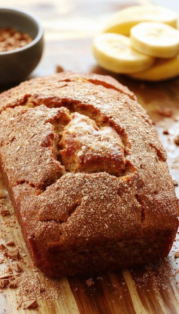 A freshly baked banana bread sprinkled with cinnamon sugar, sliced to reveal its moist interior with ripe banana chunks.