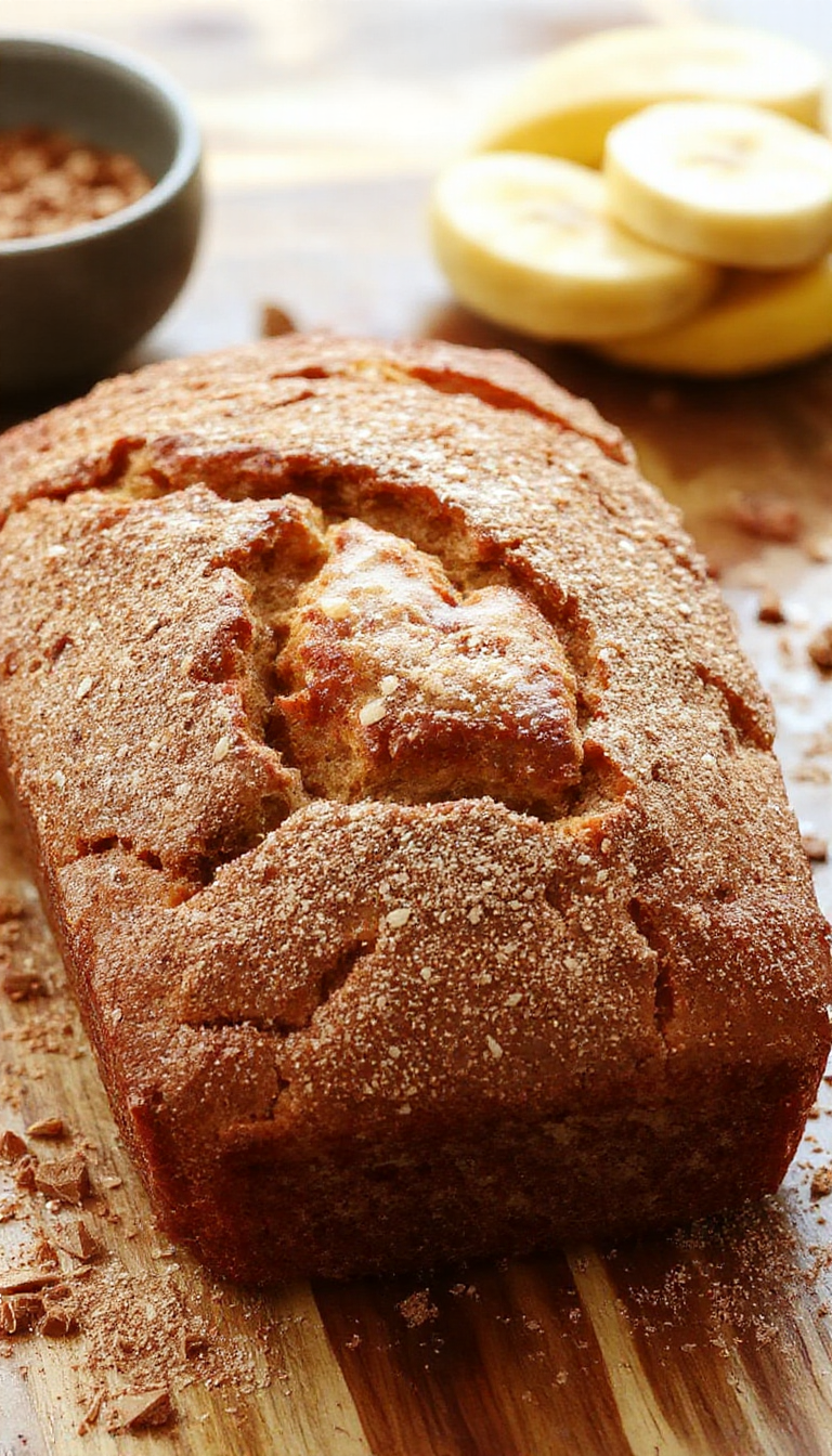 A freshly baked banana bread sprinkled with cinnamon sugar, sliced to reveal its moist interior with ripe banana chunks.