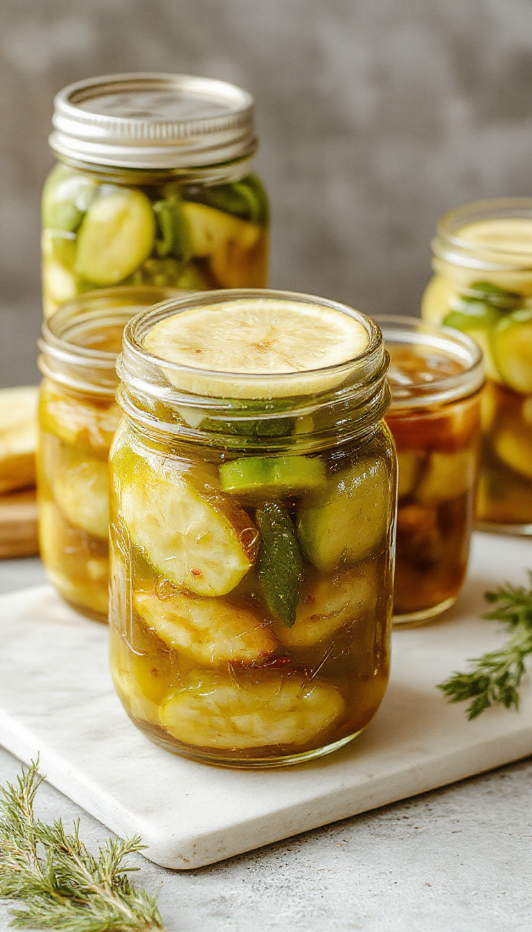 A jar of homemade quick pickles with sliced cucumbers, spices, and fresh dill on a rustic wooden table.