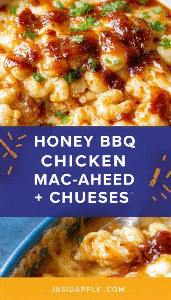 A creamy bowl of Honey BBQ Chicken Mac & Cheese topped with chopped herbs and a drizzle of honey BBQ sauce, served with crispy fried chicken pieces on the side.