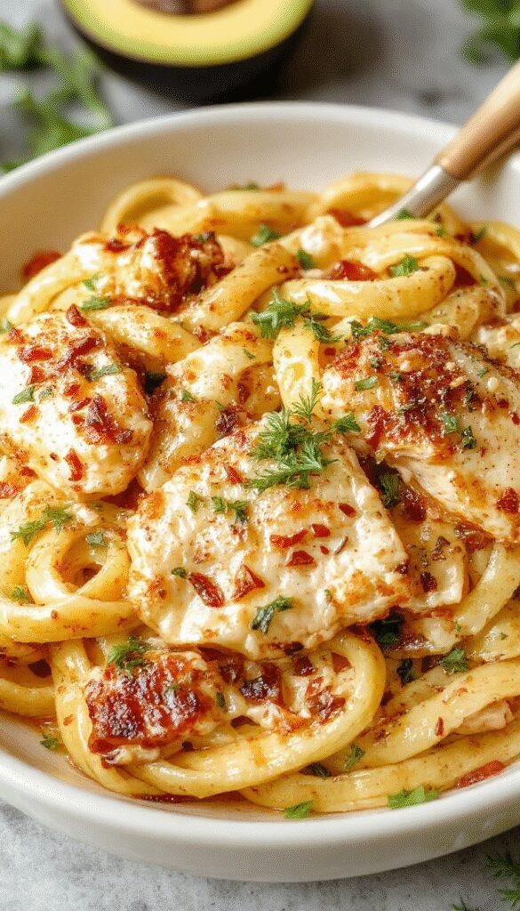 A bowl of Honey Pepper Chicken Pasta featuring golden pasta mixed with tender chicken slices coated in honey and pepper, garnished with fresh herbs