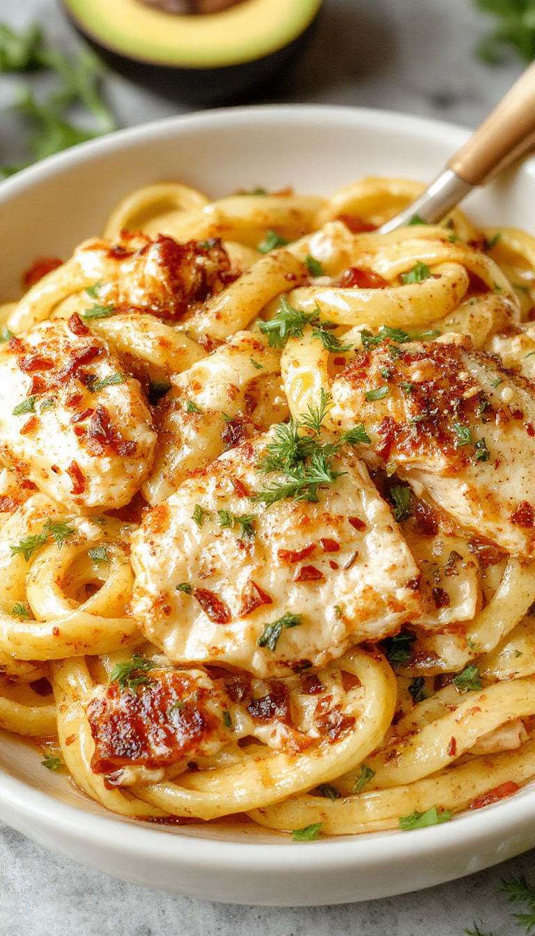 A bowl of Honey Pepper Chicken Pasta featuring golden pasta mixed with tender chicken slices coated in honey and pepper, garnished with fresh herbs