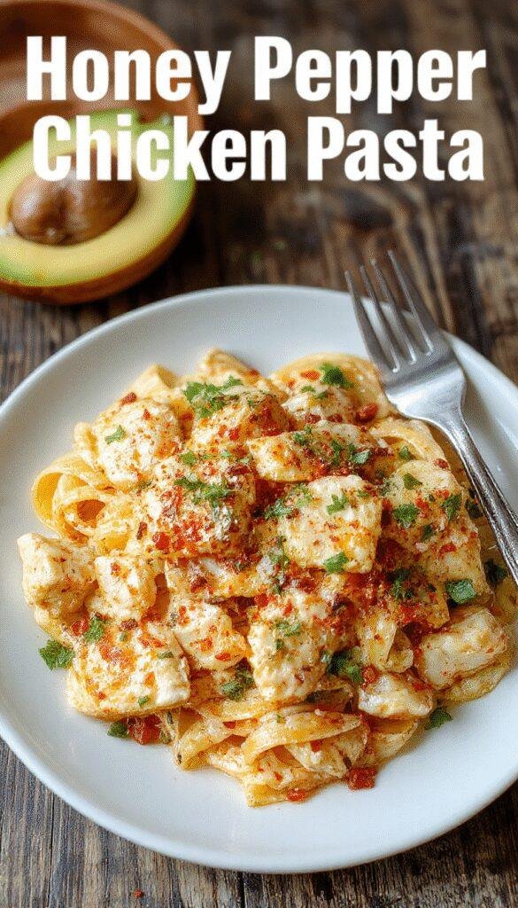 A plate of Honey Pepper Chicken Pasta featuring tender chicken strips coated in a glossy honey pepper sauce, garnished with fresh herbs and served with pasta noodles.