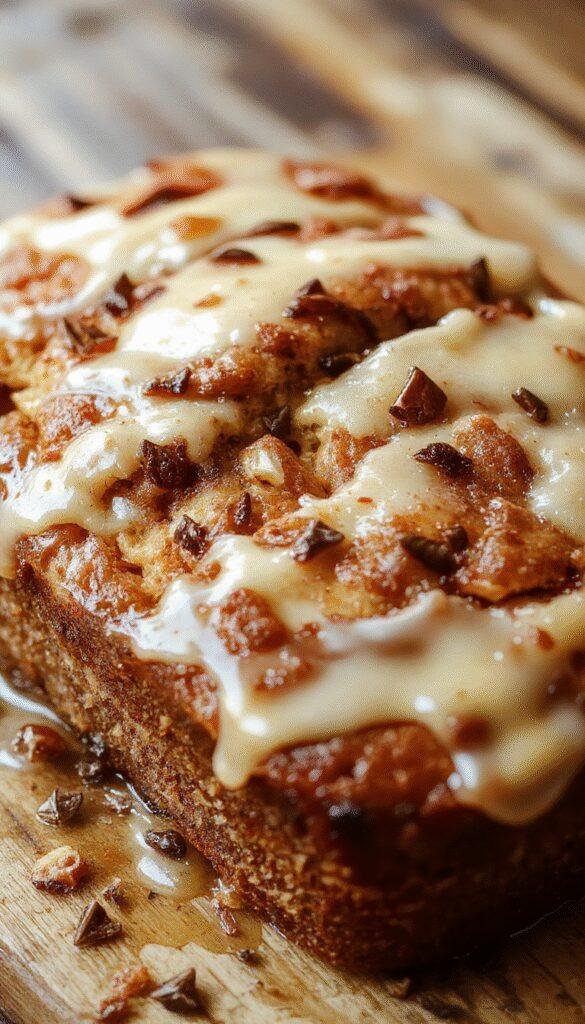 Golden slices of honey sweetened banana bread topped with a drizzle of honey and fresh banana slices on a rustic wooden table.