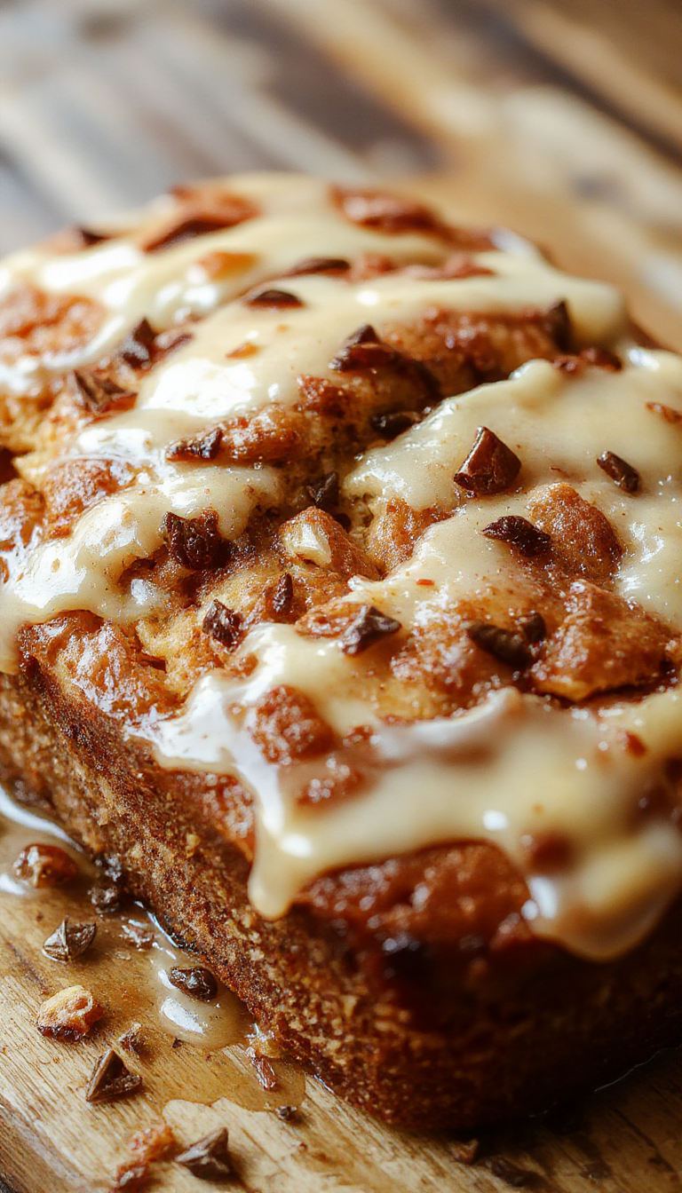 Golden slices of honey sweetened banana bread topped with a drizzle of honey and fresh banana slices on a rustic wooden table.