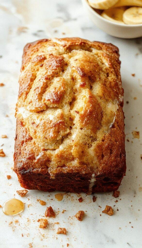 A freshly sliced Honey Vanilla Banana Bread showcasing its moist, fluffy texture with golden crust and banana slices on top.