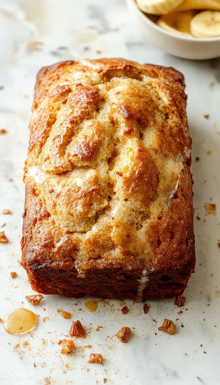 A freshly sliced Honey Vanilla Banana Bread showcasing its moist, fluffy texture with golden crust and banana slices on top.